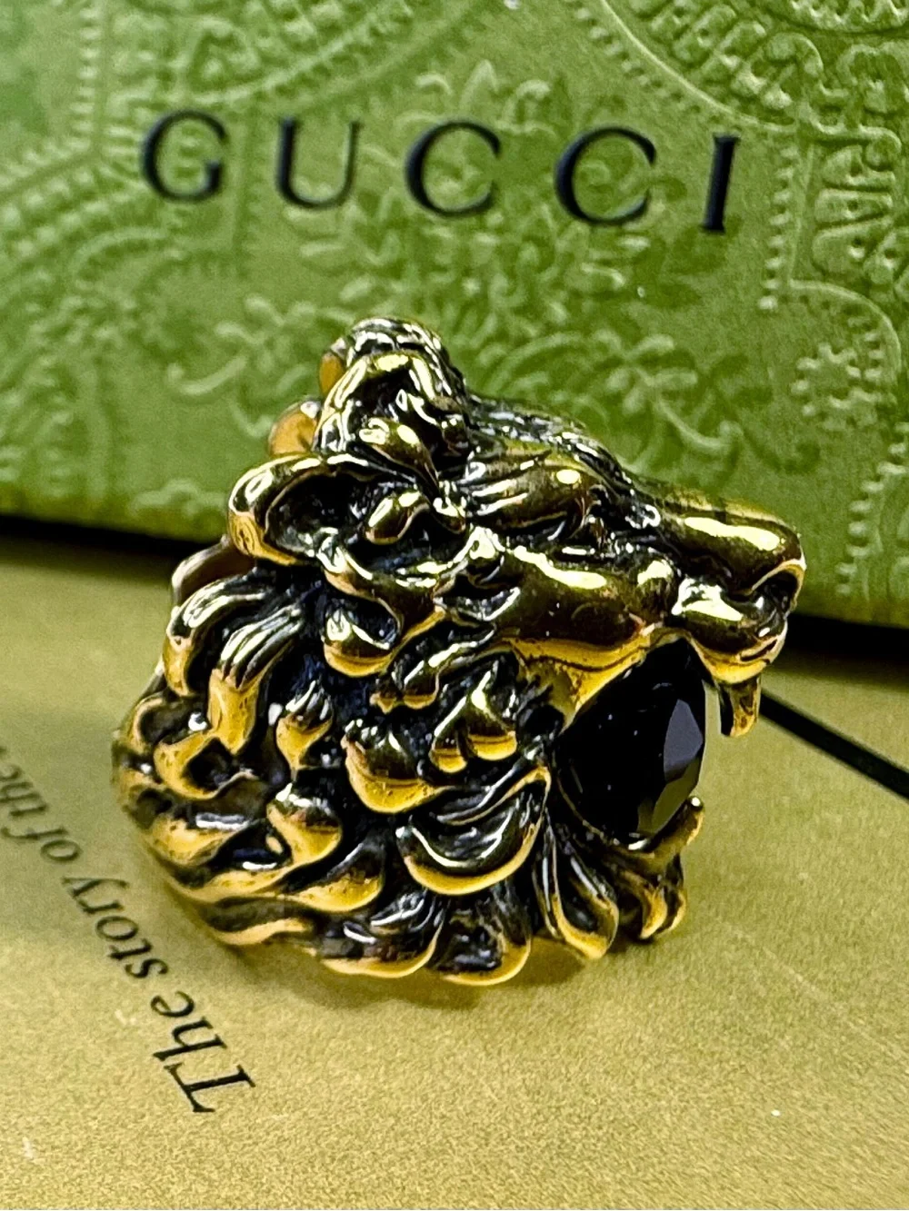 Gucci Lion Head Statement Ring with Black Onyx Crystal